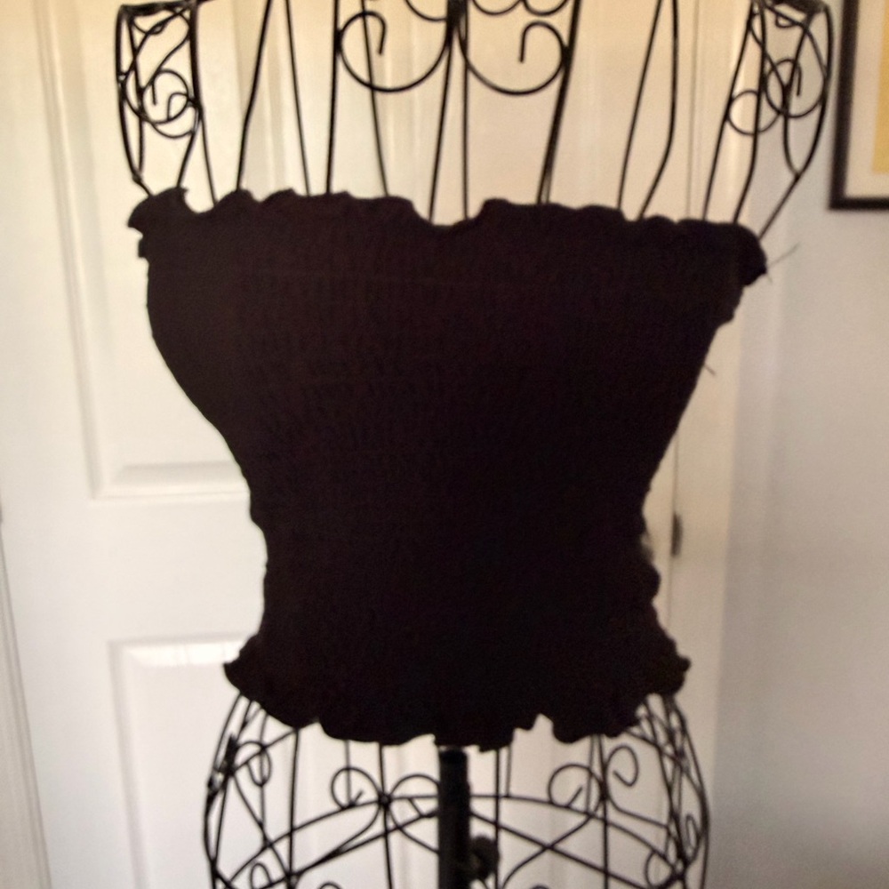 Black Smocked Strapless Ruffle Hem Camisole - Picture 2 of 7